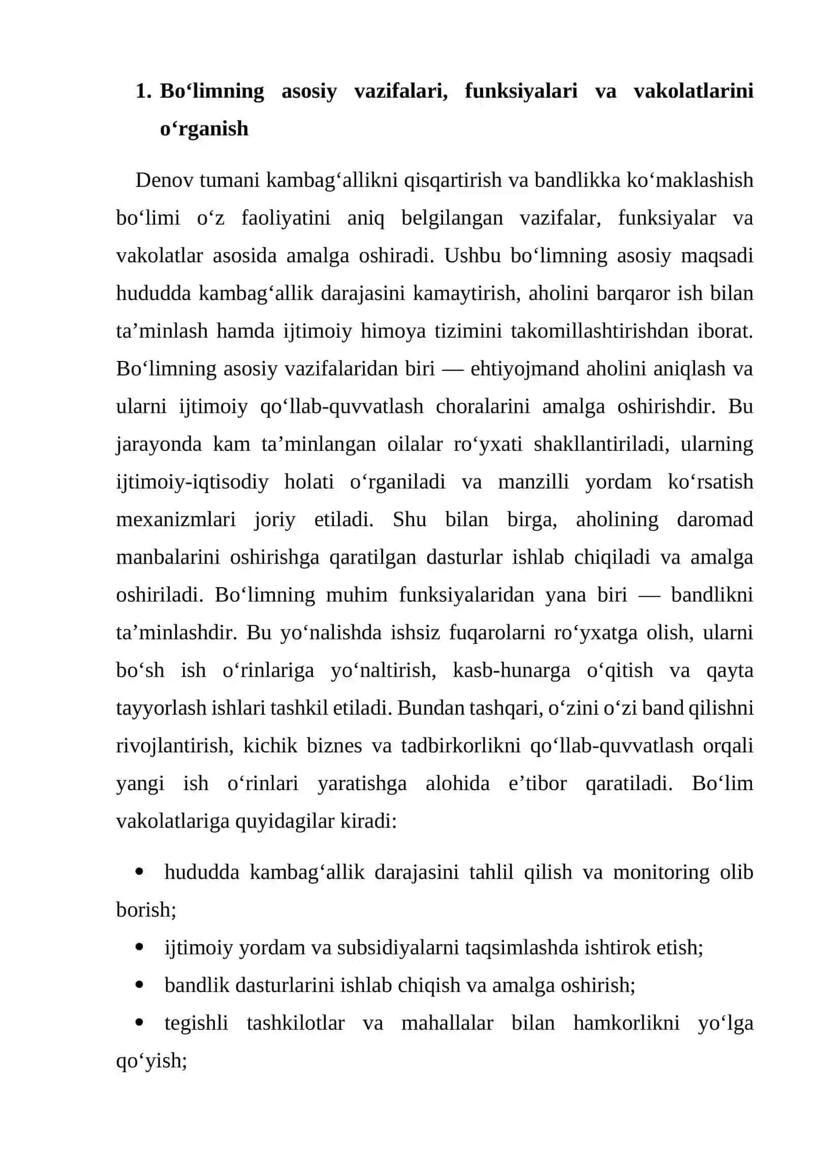 kambag‘allikni qisqartirish va bandlikka ko‘maklashish bo‘limi namuna hisobot 4