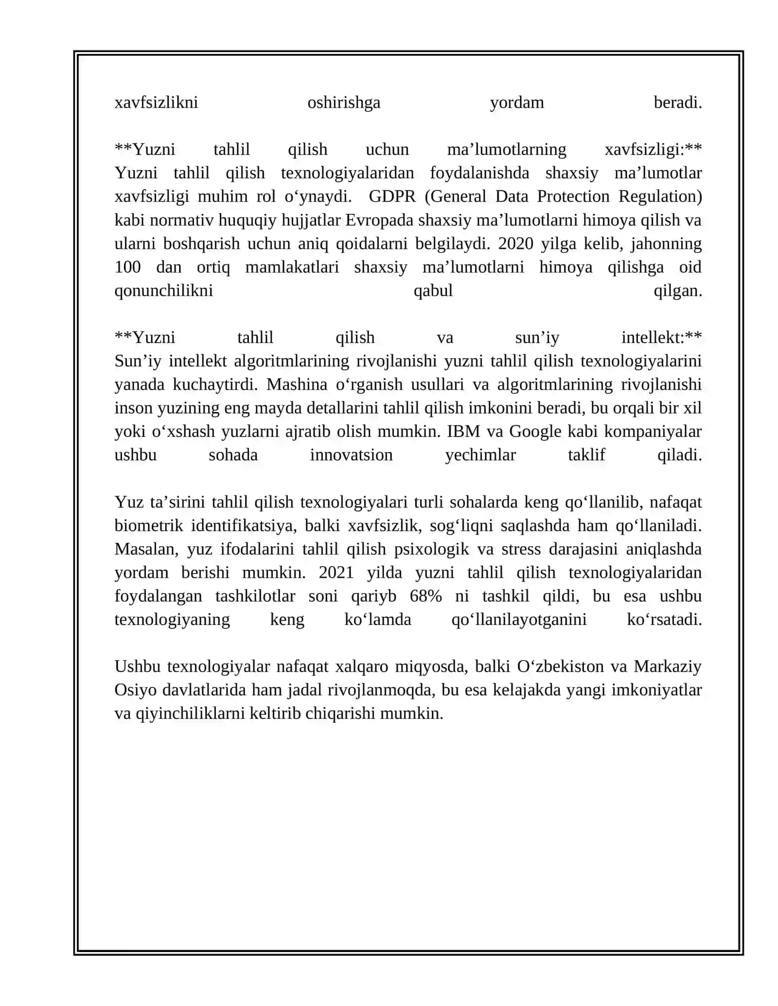 YUZ TA’SIRIGA ASOSLANGAN AUTENTIFIKATSIYA USULI VA UNING XUSUSIYATLAR mavzusida tayyor mustaqil ta'lim 4