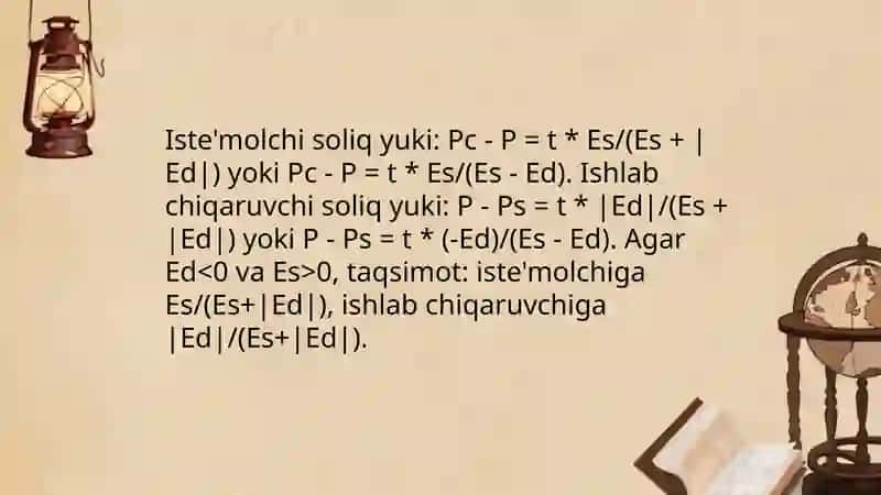 Talab va taklif elastikligiga ko'ra soliq yukini hisoblash 4