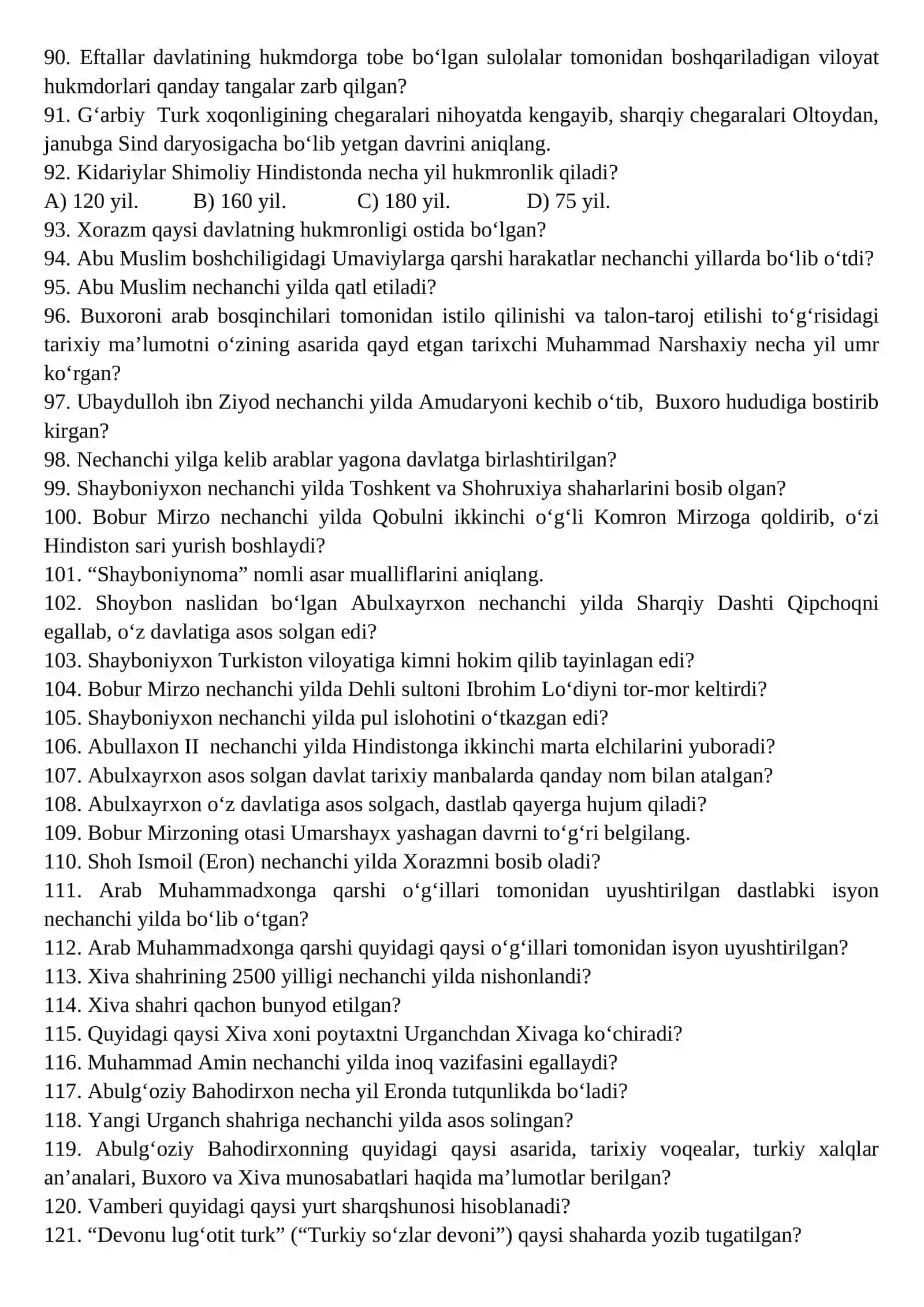 O‘ZBEKISTON TARIX FANIDAN O‘TKAZILADIGAN YaKUNIY DAVLAT ATTESTATSIYaSI SAVOLLAR 4