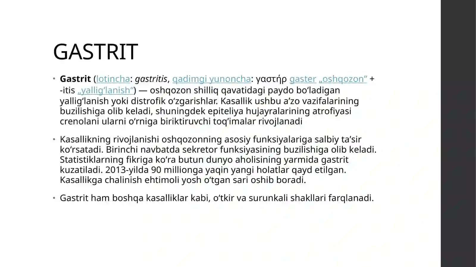 TERMIZ IQTISODIYOT VA SERVIS UNVERSITETI TIBBIYOT FAKULTETI DAVOLASH ISHI YO’NALISHI 24_24_GURUH O’QUVCHISI TURSUNOVA NODIRANING PATALOGIK ANATOMIYA FANIDAN MUSTAQIL ISHI QORIN BO'SHLIG'I KASALLIKLARI 4