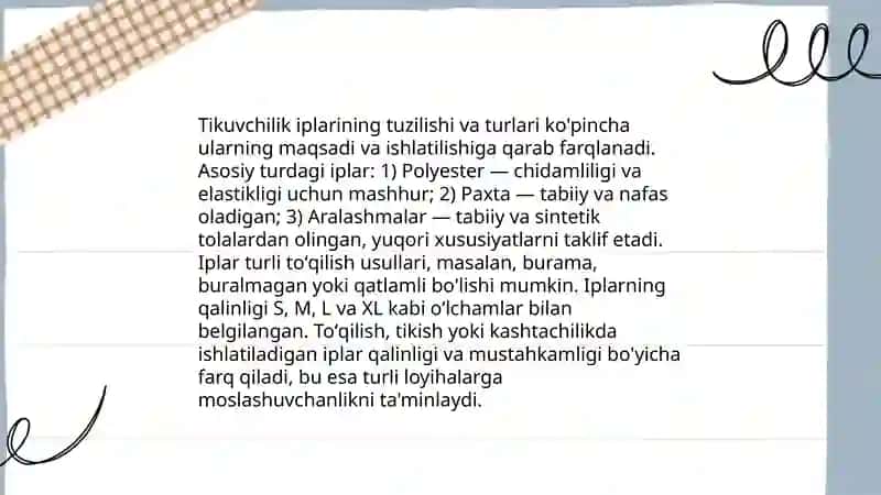 To'qimachilik va tikuvchilik iplarining xususiyatlarini o'rganish 4