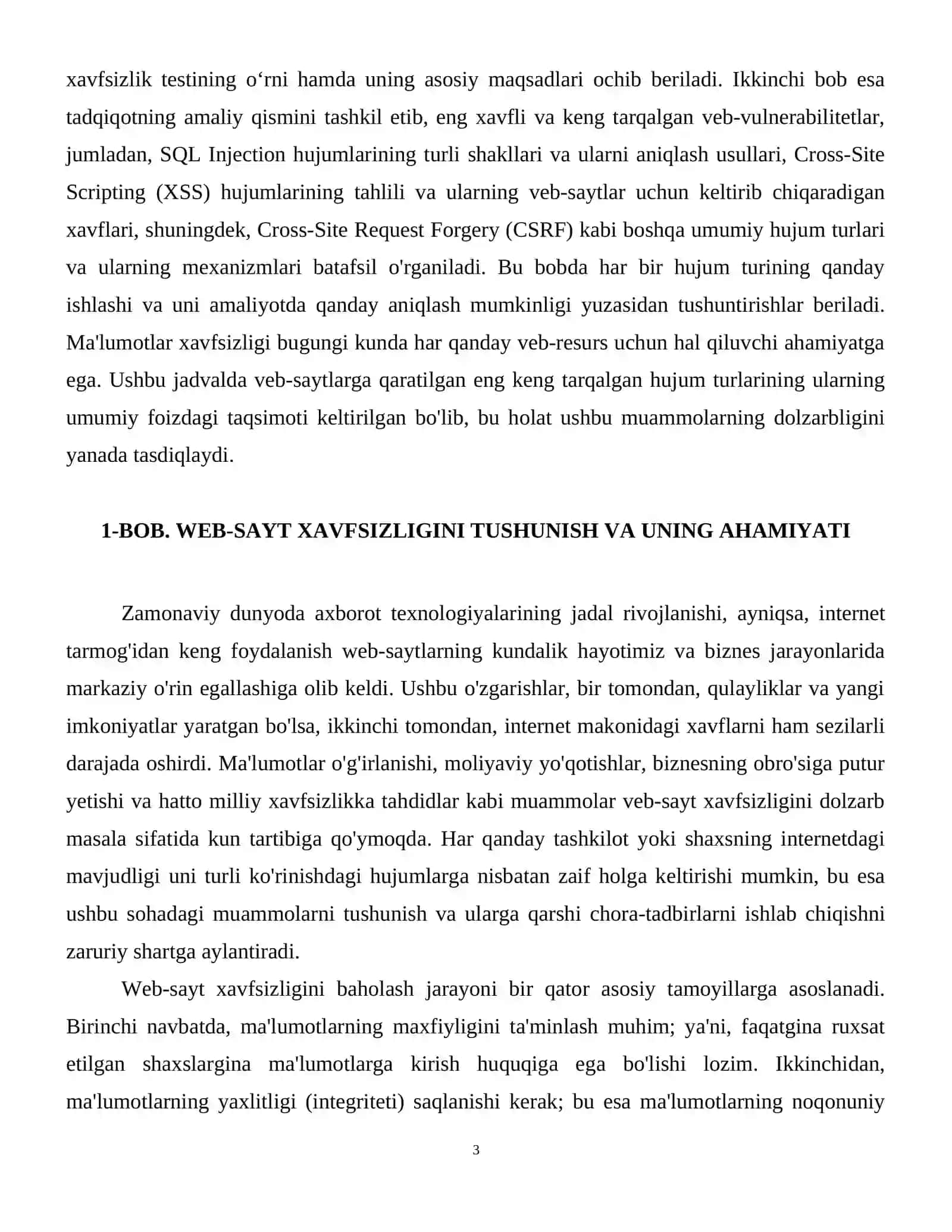 Web-saytga nisbatan xavfsizlik testini o‘tkazish (SQL injection, XSS, h.k.). 4