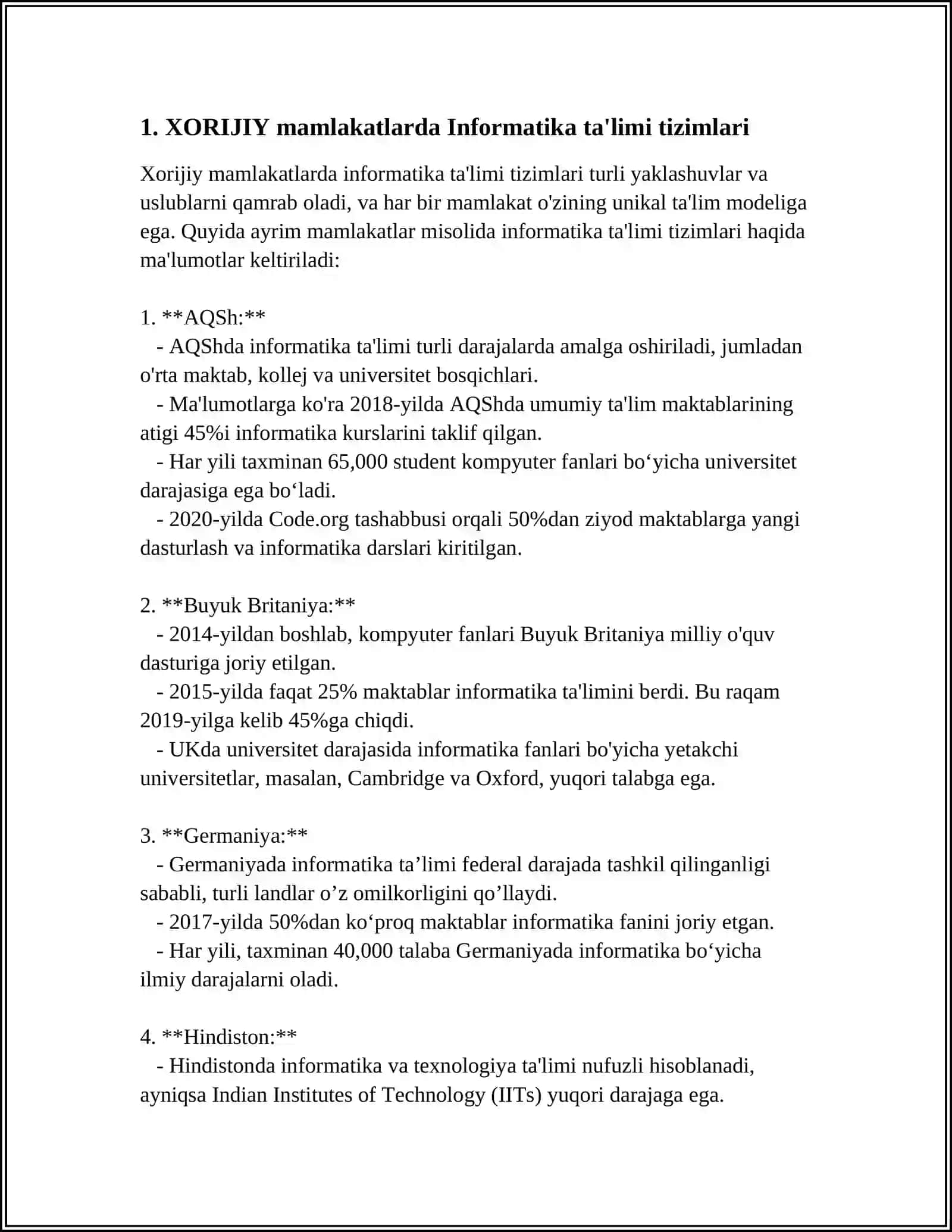 XORIJIY MAMLAKATLARDA INFORMATIKA TA'LIMINING TAHLILINI O'TKAZISH.O'ZBEKISTONDA BOSHLANG'ICH SINFLARDA INFORMATIKA TA'LIMINING ISTIQBOLLI REJALARI HAQIDA TUSHUNCHA BERISH 4