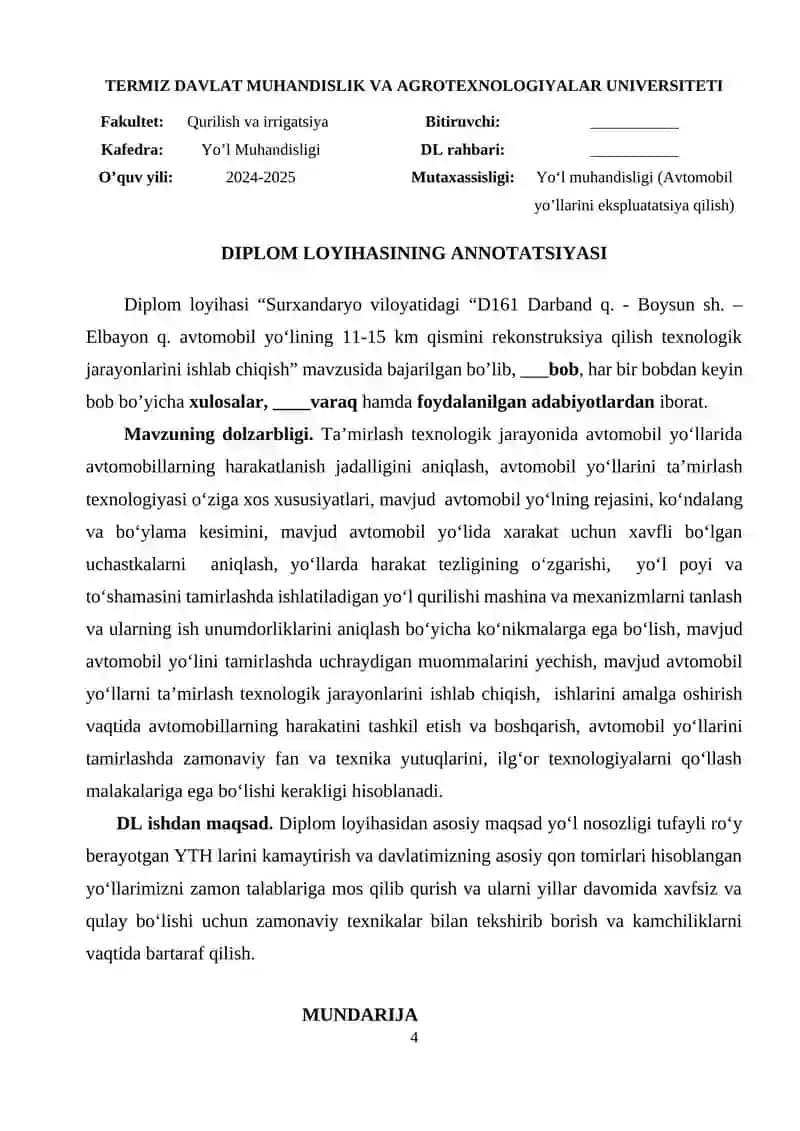 M-39 “Almati-Bishkek-Toshkent  Shaxrisabz-Termiz” avtomobil yo‘lining 1346-1351 km qismini rekonstruksiya qilish texnologik jarayonlarini ishlab chiqish 4