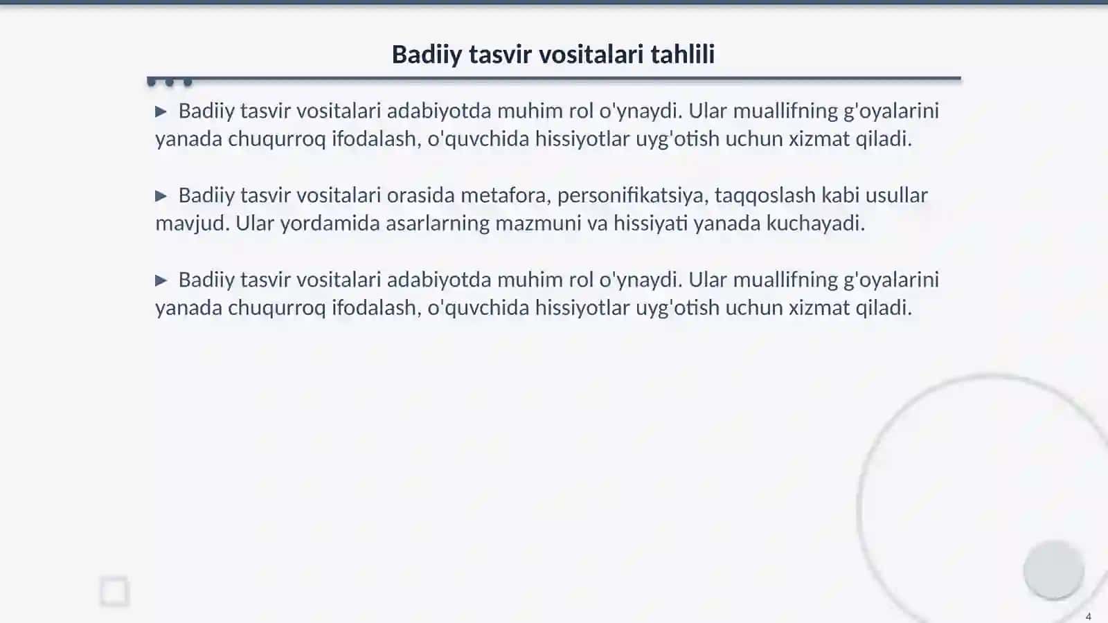 Vatan himoyasi- muqaddas burch.Grammatika:Badiiy tasvir vositalari.Oddiy tasvir va badiiy tasvir.Adabiy o'qish:Abdulla Qahhor "Dahshat" hikoyasi misolida 4