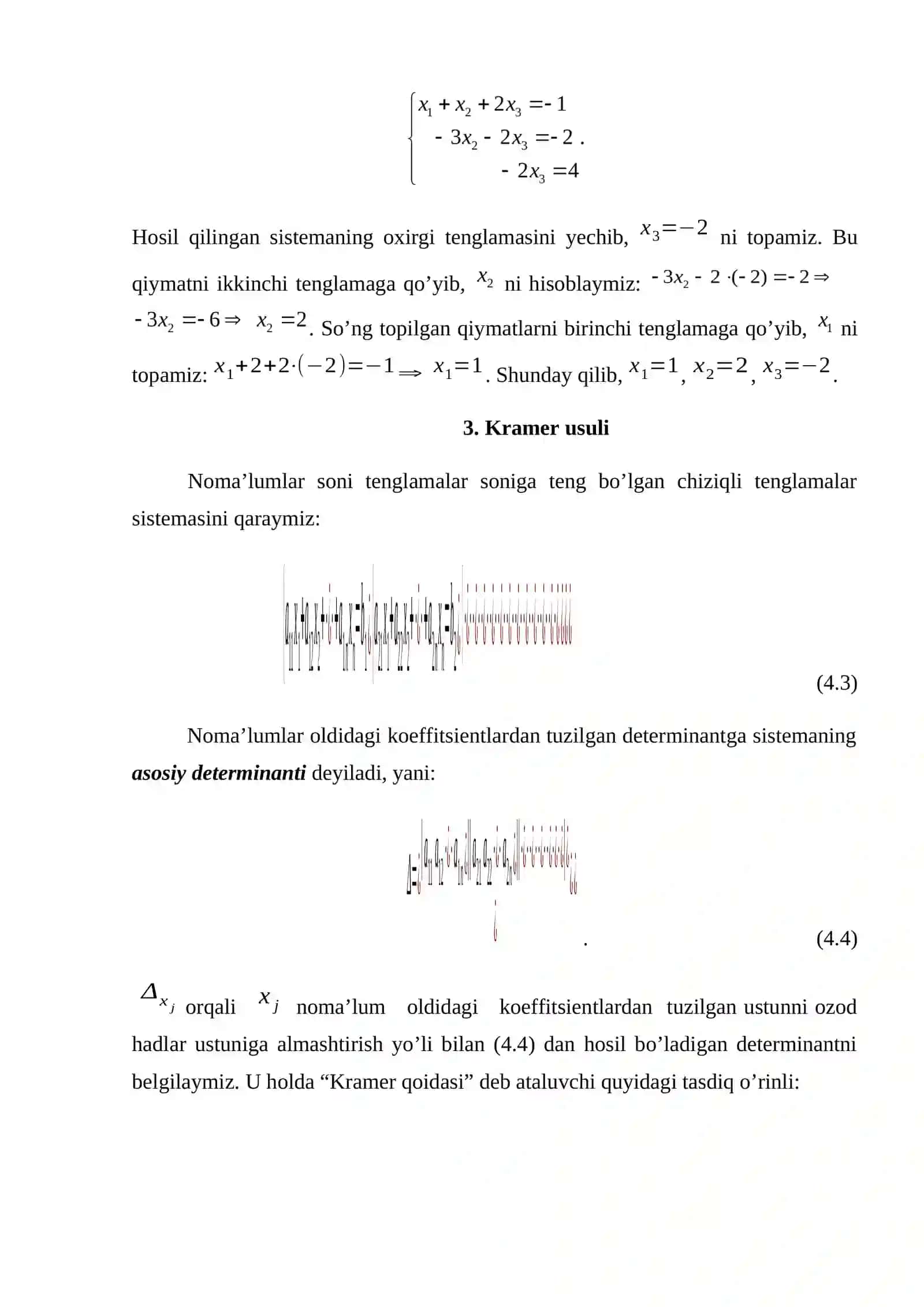 4-mavzu. Сhiziqli tеnglamalar sistеmasi. Kramеr qoidasi. Gauss usuli 4