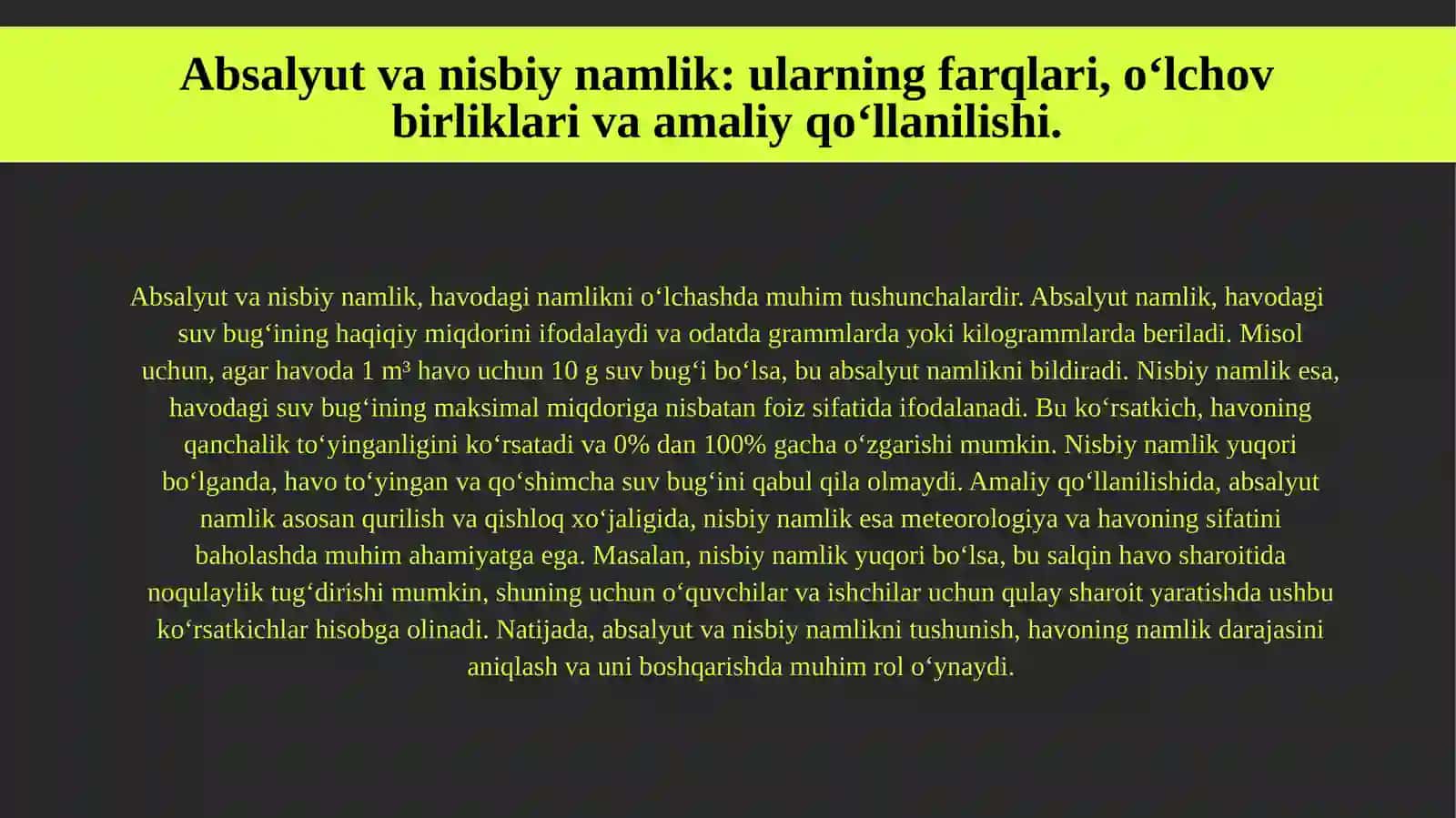 To‘yingan nam havo. Absalyut va nisbiy namlik. Nam havoning molekulyar massasi. 4