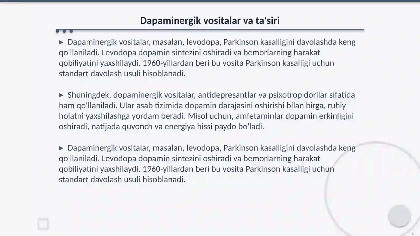 Dapamin va dapaminergik vositalar. Serotonin va serotonergik vositalar 4