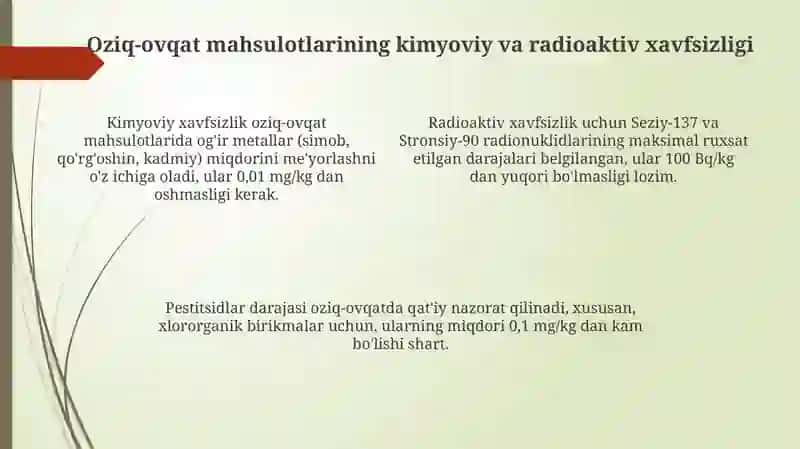 Oziq oziq ovqat mahsulotlarining tibbiy biologik talablari 4