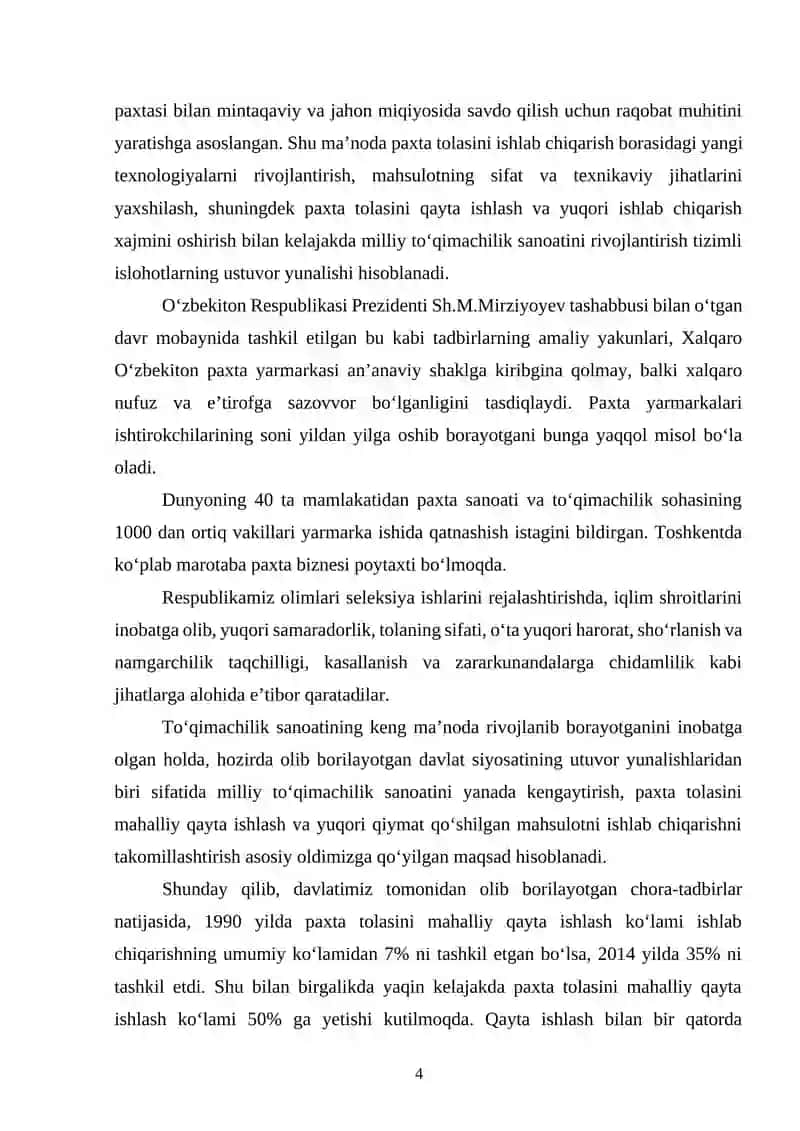 Yillik ishlab chiqarish quvvati 2,5mln. pagonometr  bo’lgan artikuli 3145 “Diagonal’’ to’qimasini ishlab chiqarish texnologik jarayonlar loyihasi 4