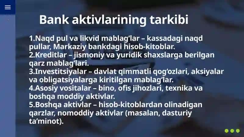 Bank aktivlar tarkibi  va ularni balansda joylashishi 4