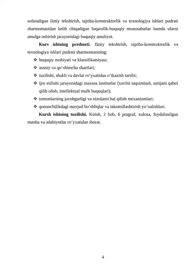 ILMIY TEKSHIRISH TAJRIBA - KONSTUTORLIK VA TEXNOLOGIYA ISHLARI PUDRATI SHARTNOMASINING FUKAROLIK- XUQUQIY XUSUSIYATLARI 4