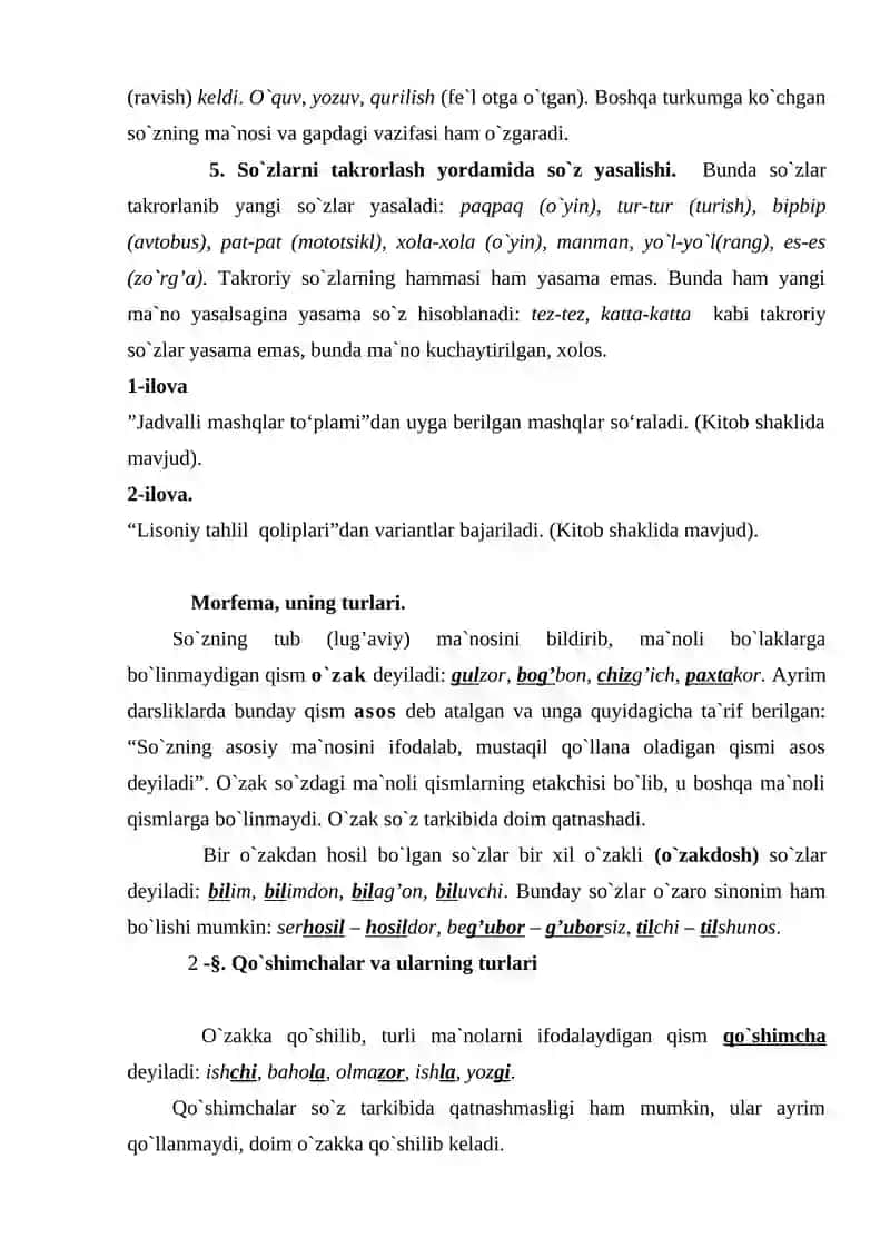 Grammatika, morfologiyaga kirish. Morfemika, so‘z yasalish usullari; so‘zlarning tuzilish jihatdan turlari 4
