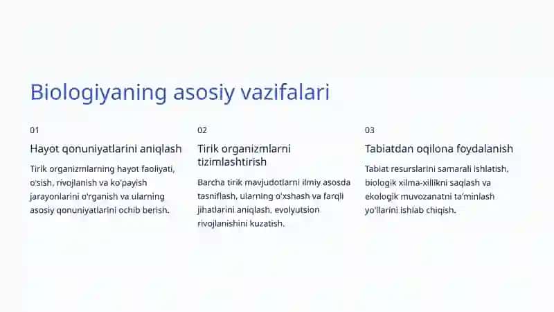 Biologiya fanining predmeti, vazifalari va bo'limlari 4