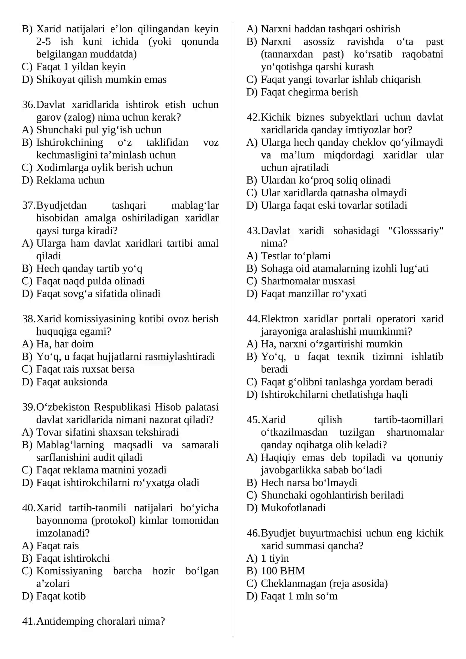 DAVLAT XARIDI FANIDAN TESTLAR 4