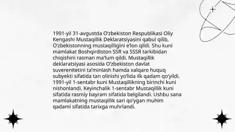 Mustaqil Oʼzbekiston Respublikasining tashkil topishining tarixiy ahamiyati 4