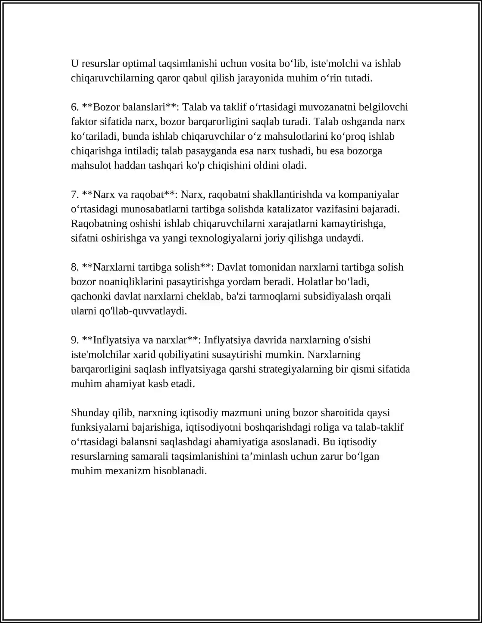 NARXNING MAZMUNI, UNING OB'EKTIV ASOSLARI, VAZIFALARI VA TURLARI 4