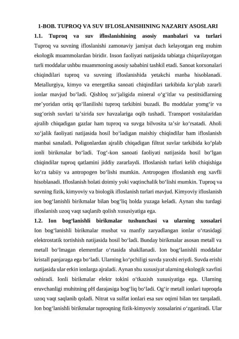 Tuproq va suvning ifloslanishida ion bog‘lanishli birikmalarni aniqlash va tozalash usullari 4