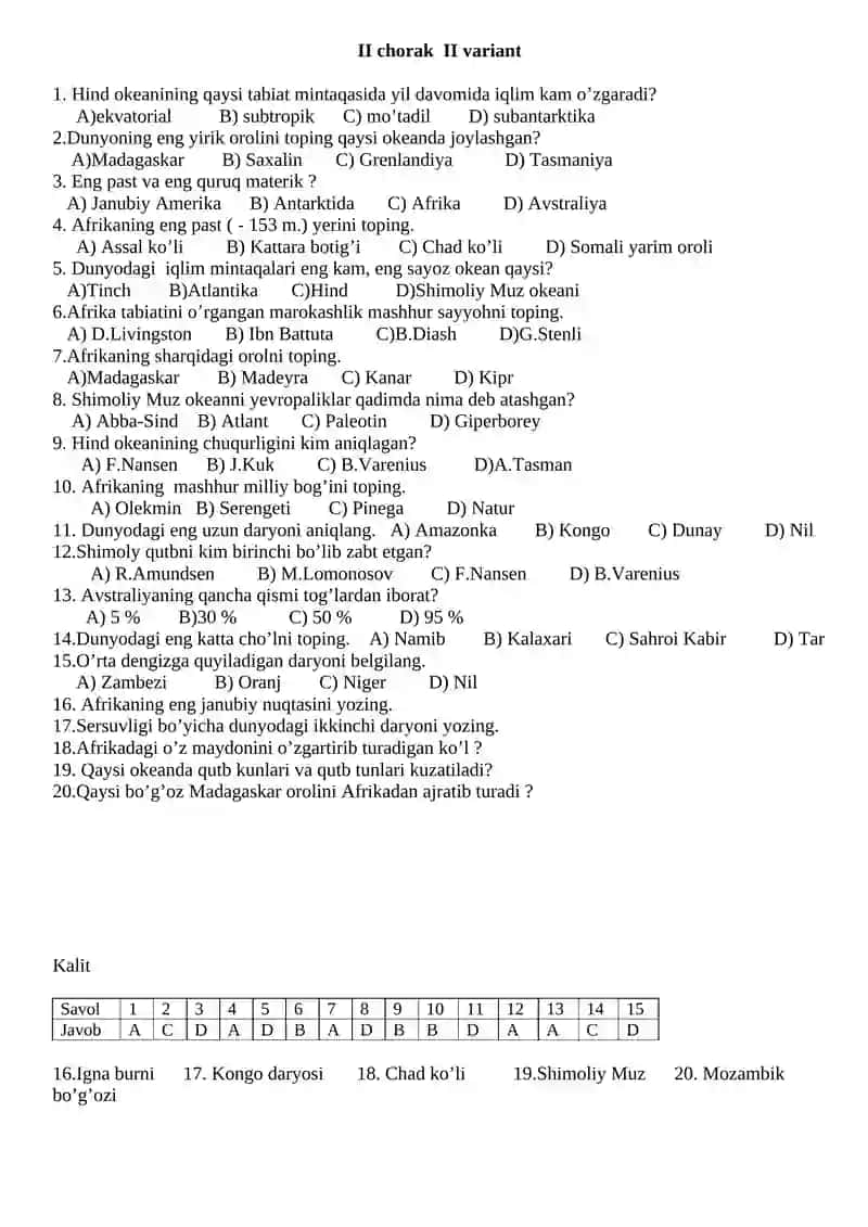 6-sinf Geografiya 1- variant I chorak 4