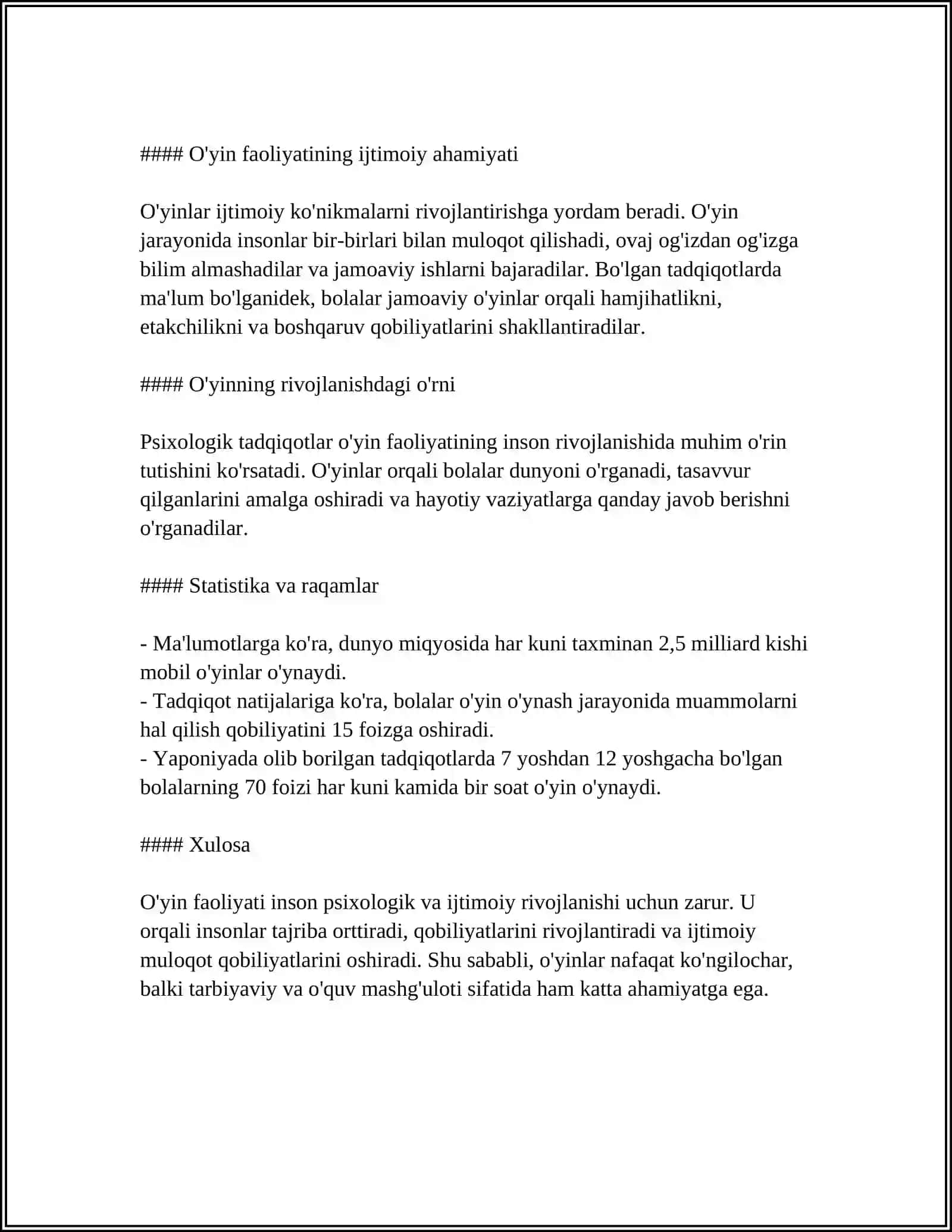 MUSTAQIL ISH Mavzu: O'YIN MAKTABGACHA YOSHDAGI BOLANING YETAKCHI FAOLIYATI SIFATIDA O'YIN FAOLIYATINING SIFATIDA,O'YIN FAOLIYATINING MOHIYATI,TURLARI,BILISH JARAYONLARI VA SHAXS TARAQQIYOTIGA TA'SIR KO'RSATISH MEXANIZMLARI,O'YINCHOQNING BOLA PSIXIK RIVOJLANISHIGA TA'SIRI MUAMMOSI 4
