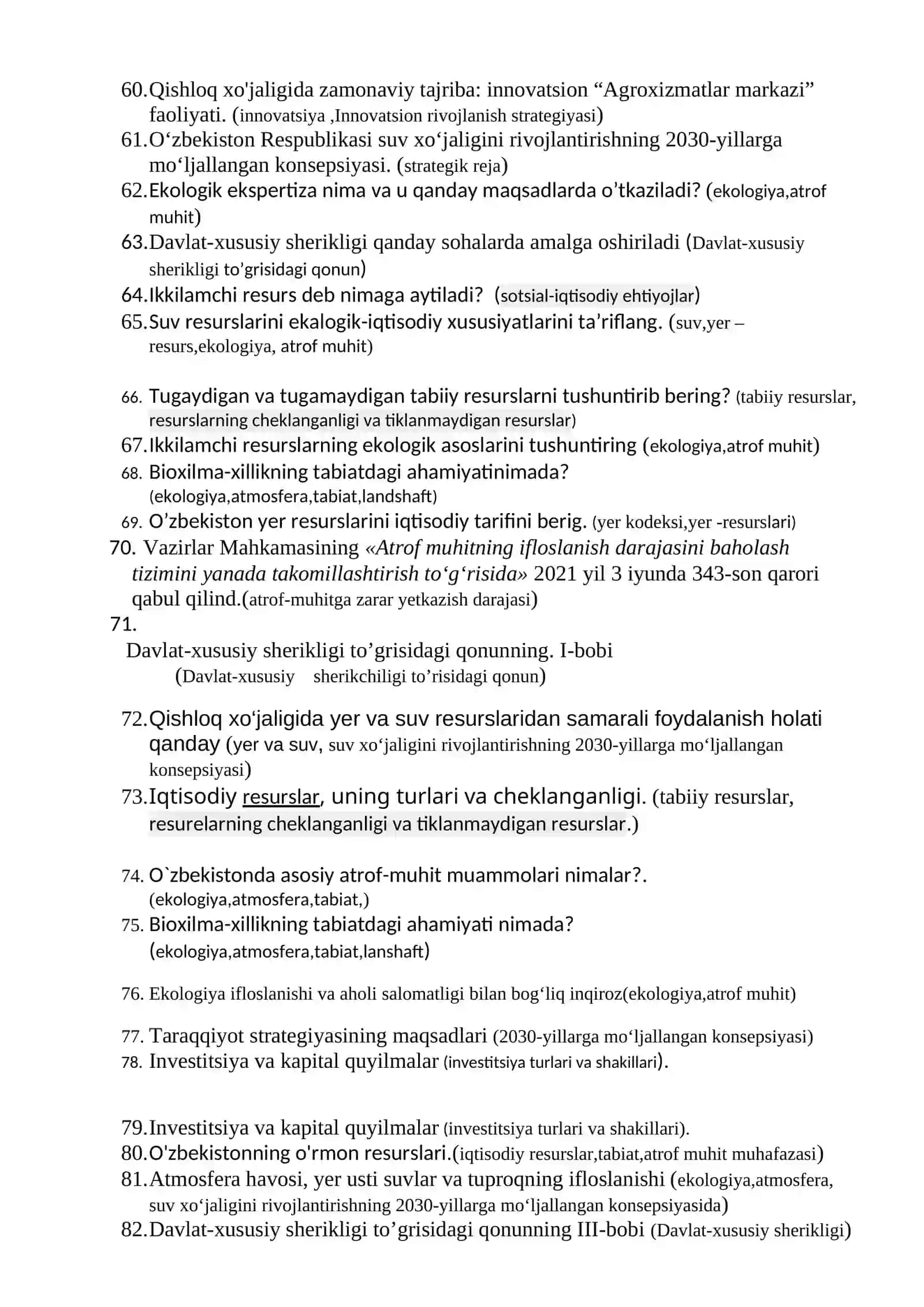 “Resurslar iqtisodiyoti” fanidan yakuniy nazorat savollari 4