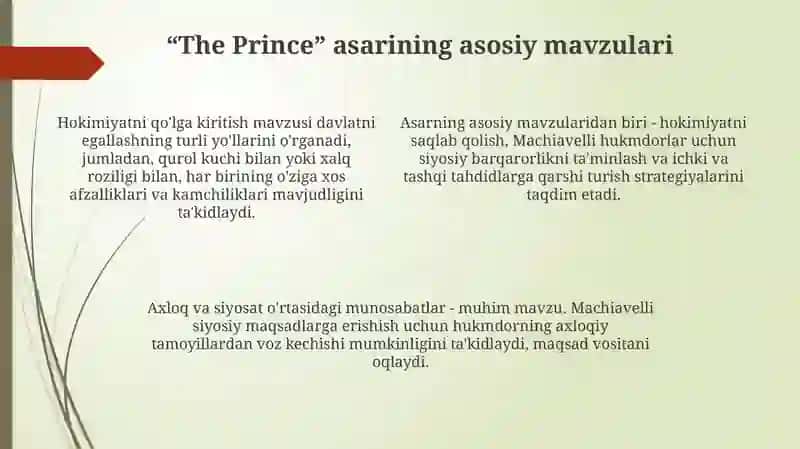 Makiavellining “Xukmdor” asari bo`yicha taqdimot tayyorlash 4