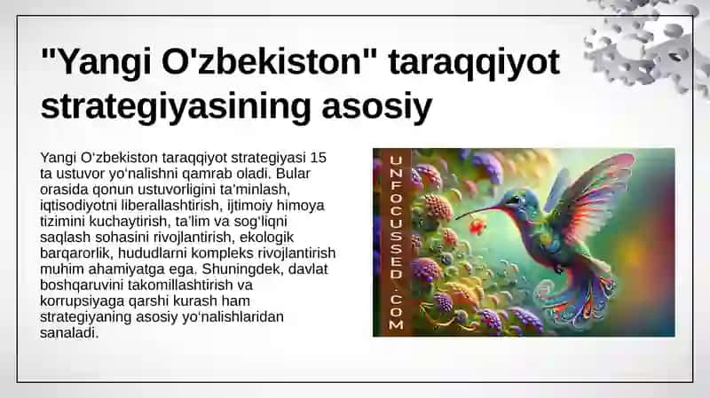 Yangi O'zbekiston tushunchasi va uning mazmun mohiyati. Yangi O'zbekiston Taraqqiyot strategiyasining asosiy mazmuni. O'zbekiston xalqchil, ijtimoiy davlat g'oyasining mohiyati. 4