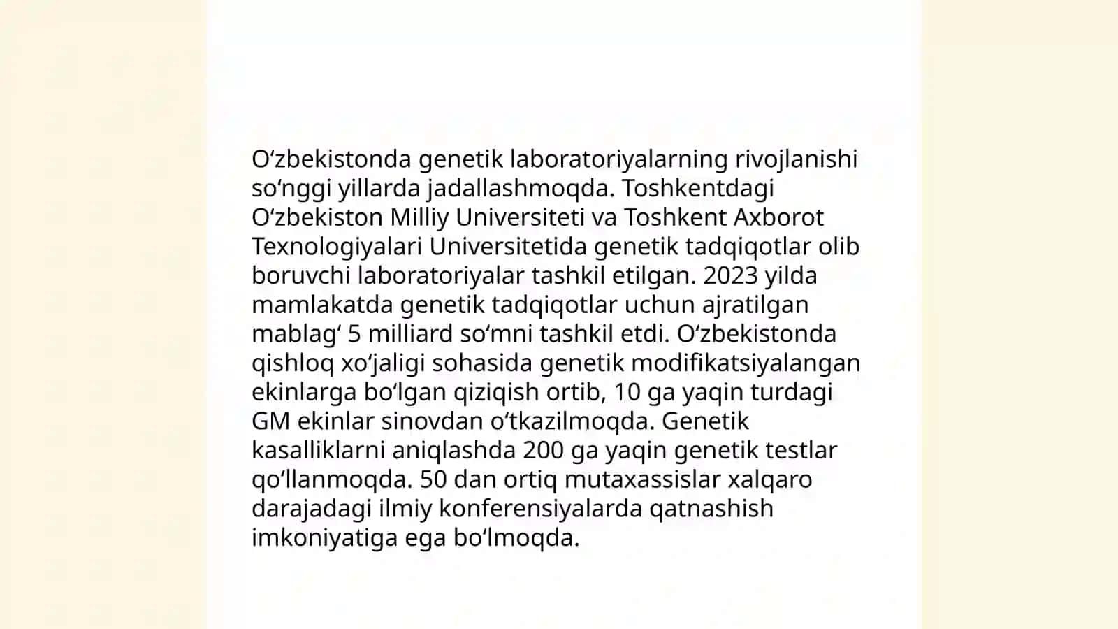 O‘zbekistonda genetik tadqiqotlarning yo‘lga qo‘yilishi va zamonaviy genetikaning rivojlanishi 4