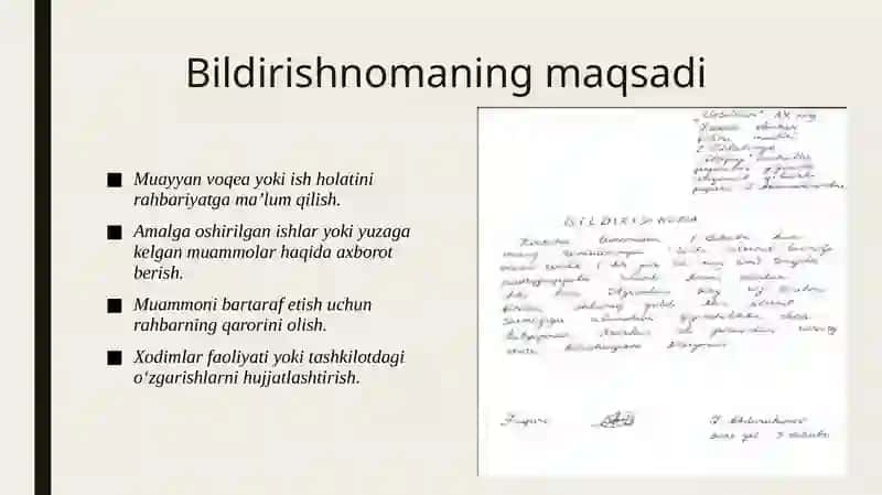 Bildirishnoma, bildirgi, ishonchnoma. Yozilish uslubi, o‘ziga xos xususiyatlari. 4
