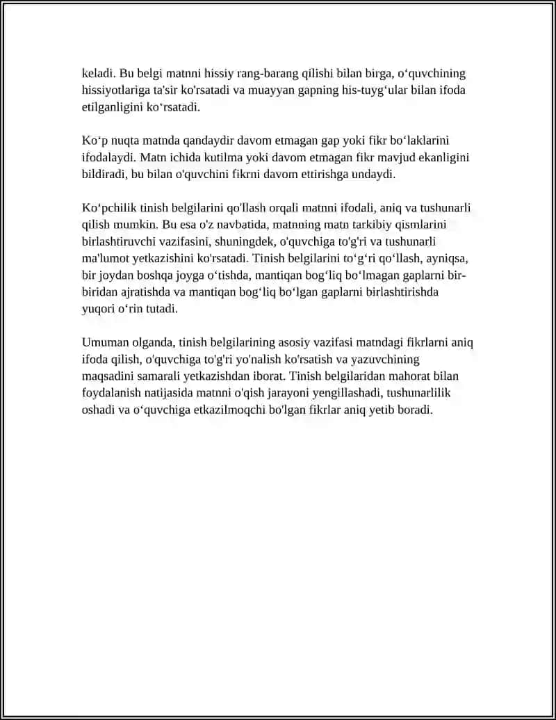 TINISH BELGILARINING MATNDA O'RINLI QO'LLANILISHI SABABLARI VA MAQSADI HAQIDA IZOHLOVCHI MULOHAZALAR YOZISH 4