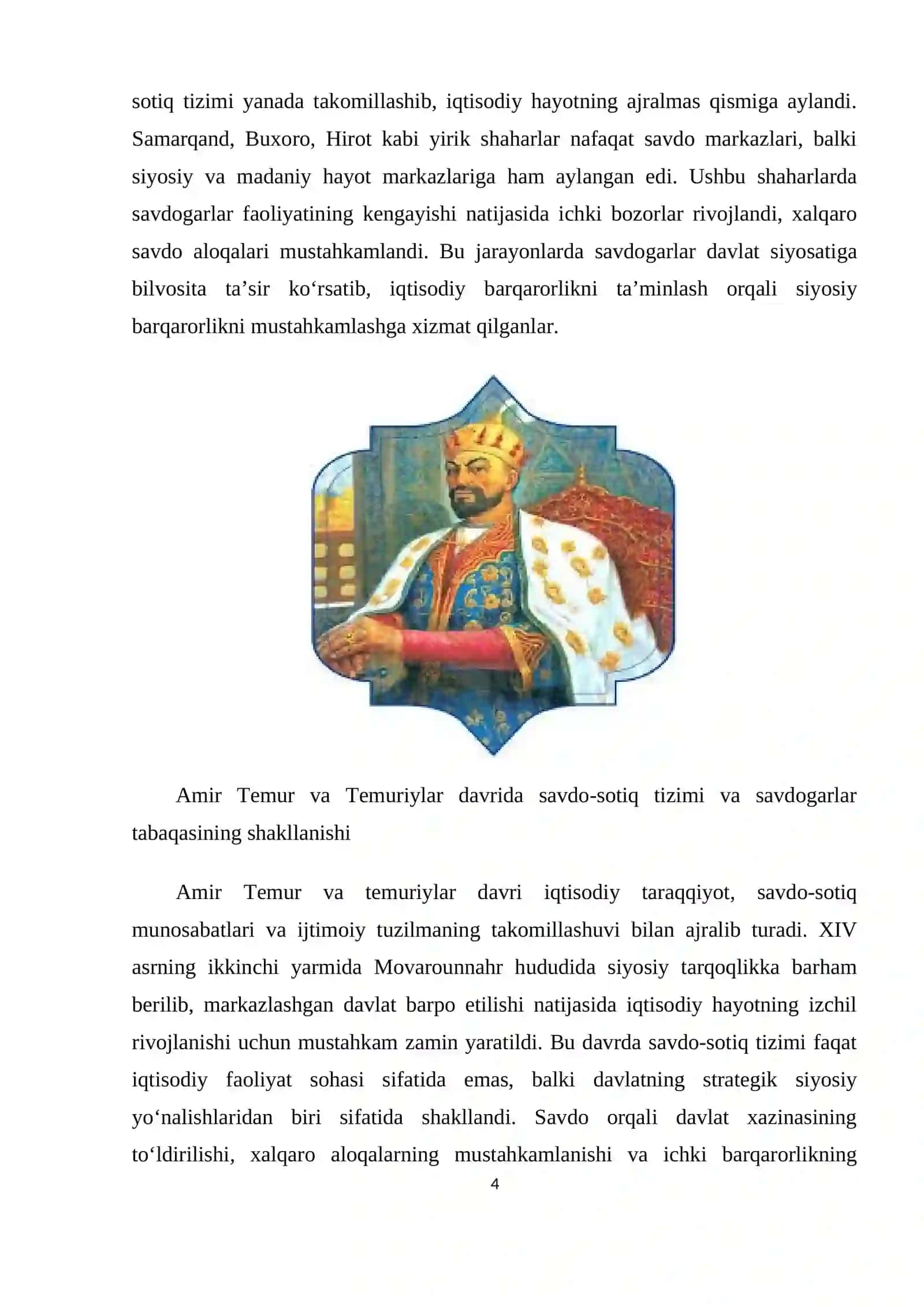 Amir Temur va temuriylar davrida savdogarlarning siyosiy jarayonlardagi ishtiroki 4