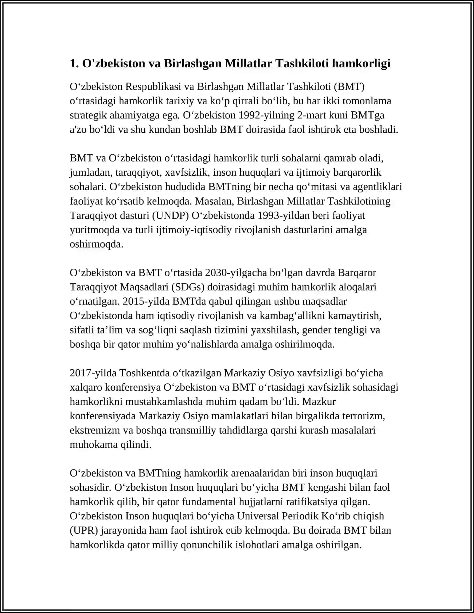O'ZBEKISTONNING XALQARO TASHKILOTLAR BILAN HAMKORLIK ALOQALARI 4