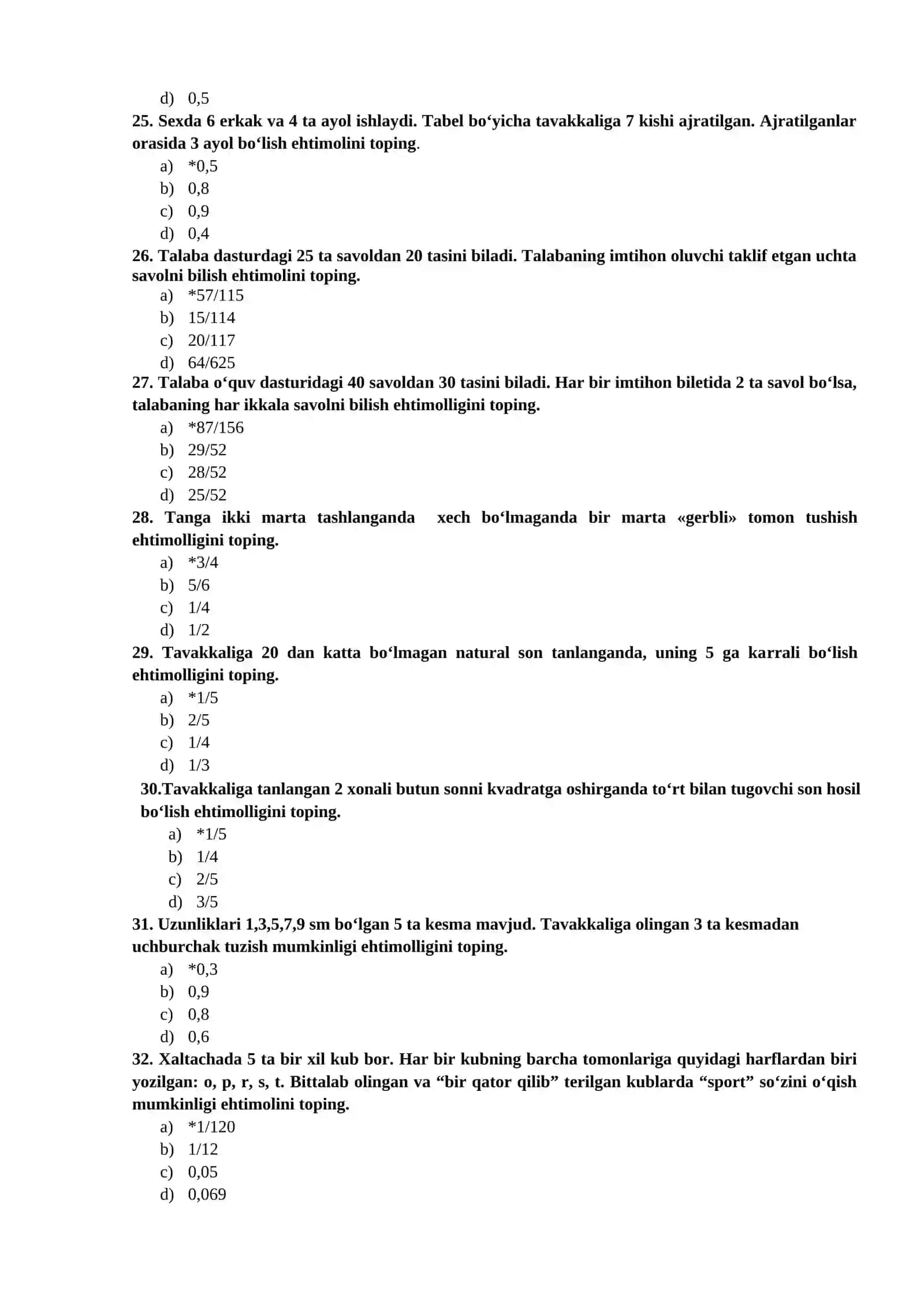 Ehtimollar nazariyasi fanidan test 4