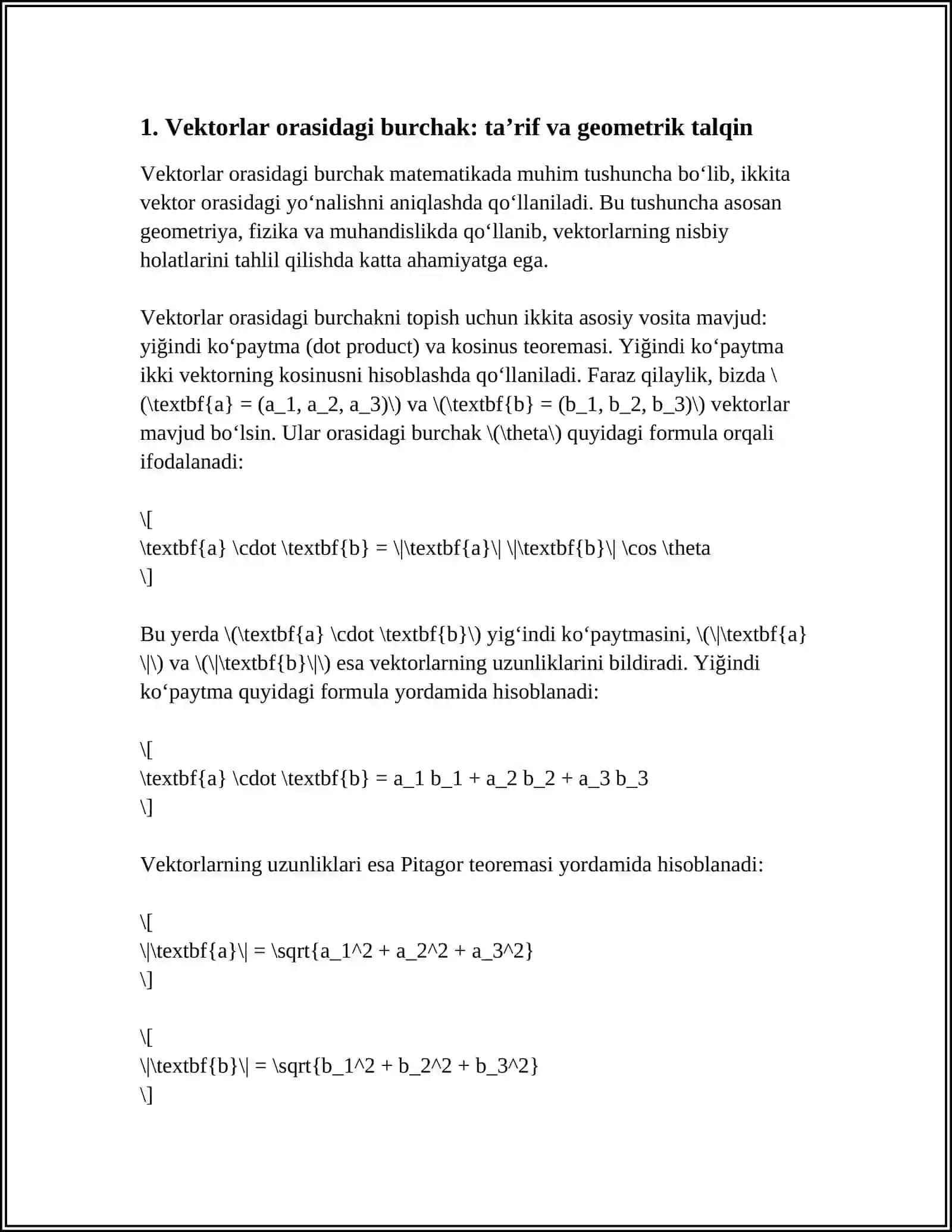 VEKTORLAR ORASIDAGI BURCHAK.IKKI VEKTORNING KOLINEARLIK VA KOMPLANARLIK SHARTLARI. CHIZIQLI VA VEKTOR ALGEBRASI NAZARIYASI TEXNIK MASALALARGA TADBIQLARI 4