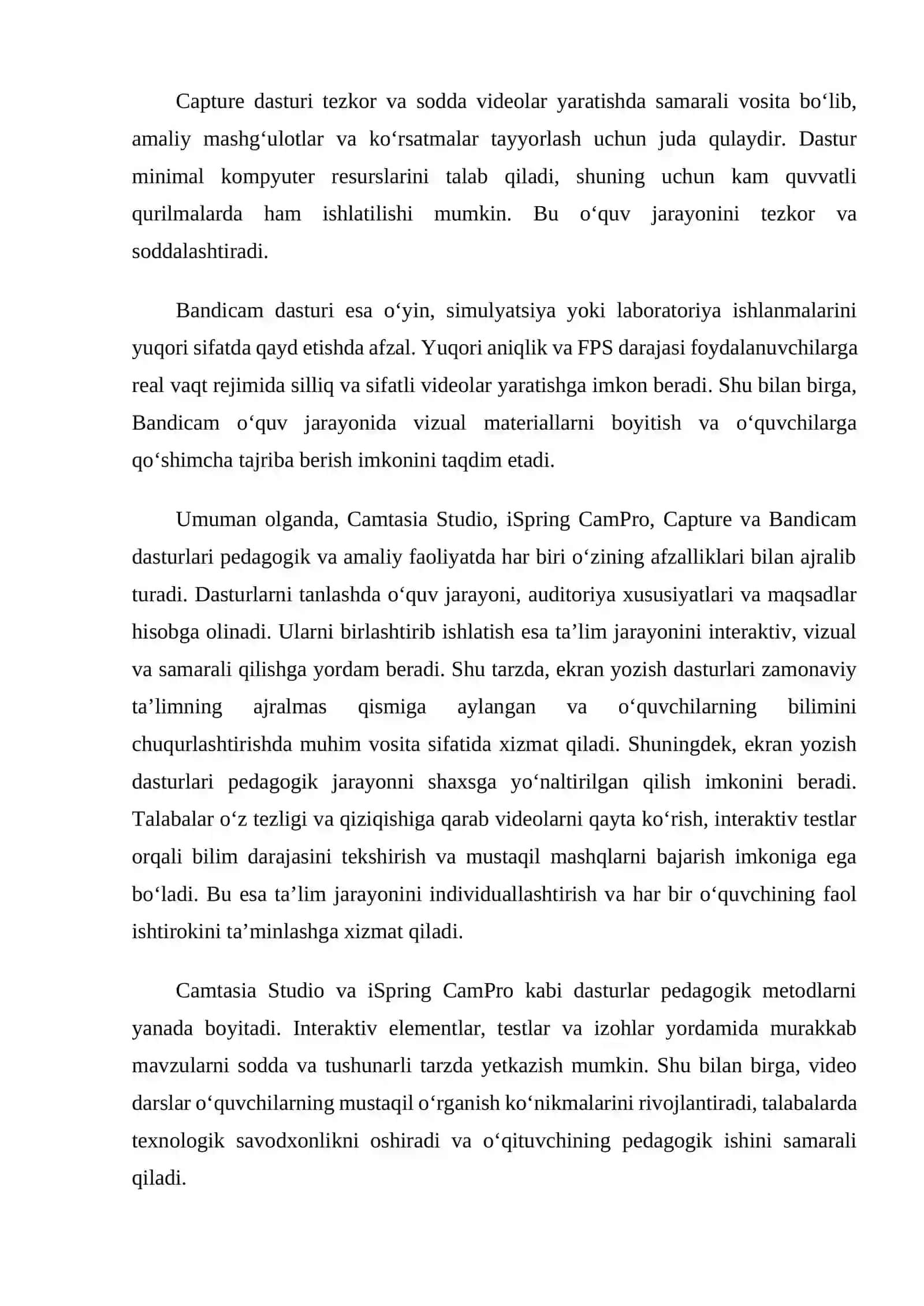 Camtasia Studio, ISring CamPro, Capture, Bandicam dasturlari va ularning imkoniyatlari 4
