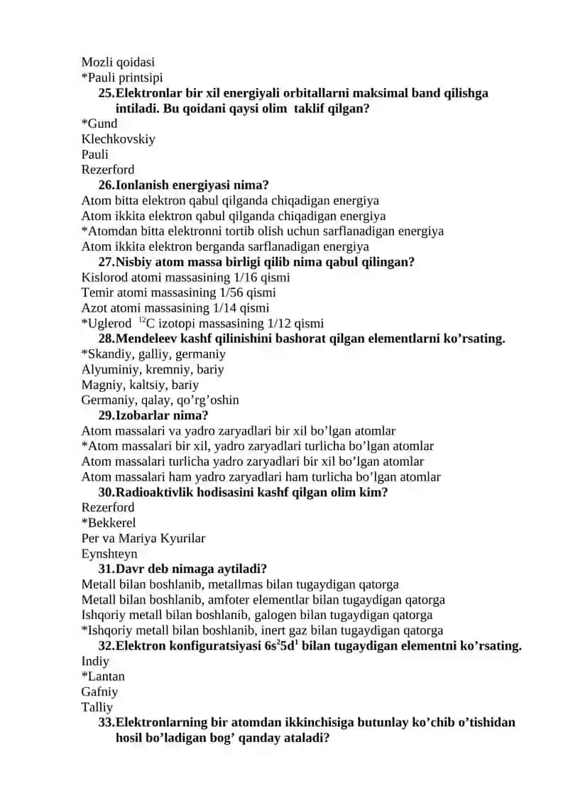 Anorganik kimyo fanidan test savollari 4