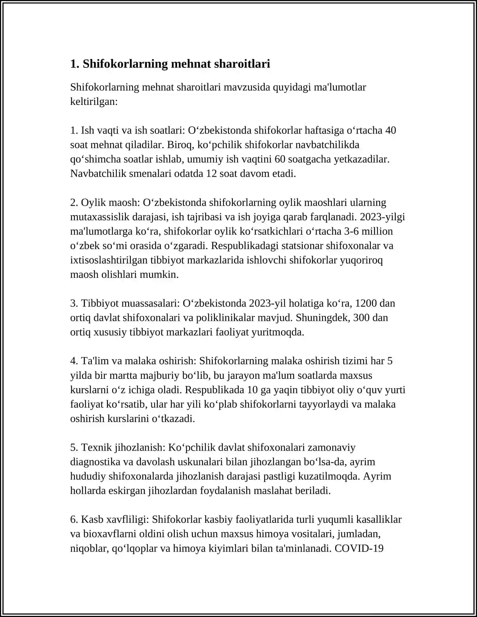 TURLI SOHA MUTAXASSISLIGIDAGI SHIFOKORLARNING MEHNAT GIGIYENASINI BAHOLASH 4