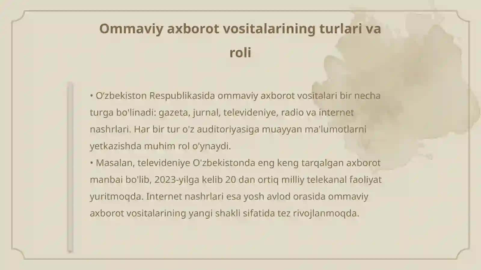 O‘zbekiston Respublikasida ommaviy axborot vositalarining faoliyati 4