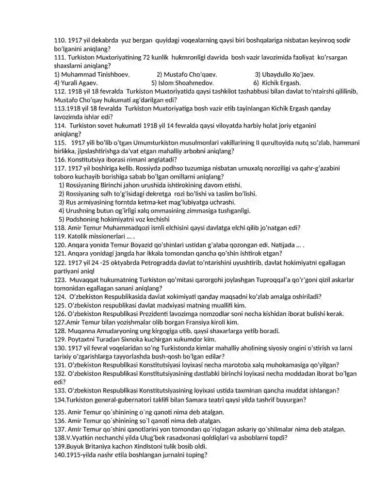 Namangan viloyati yuridik kolleji Yakuniy Davlat attestatsiyasiga “O’zbekiston tarixi” fanidan test saollari 4