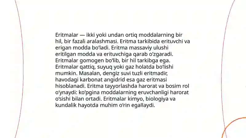 Eritmalarning termodinamik nazariyalari asosida ularning kolligativ xossalarini aniqlash usullarini mustaqil oʻzlashtirish 4