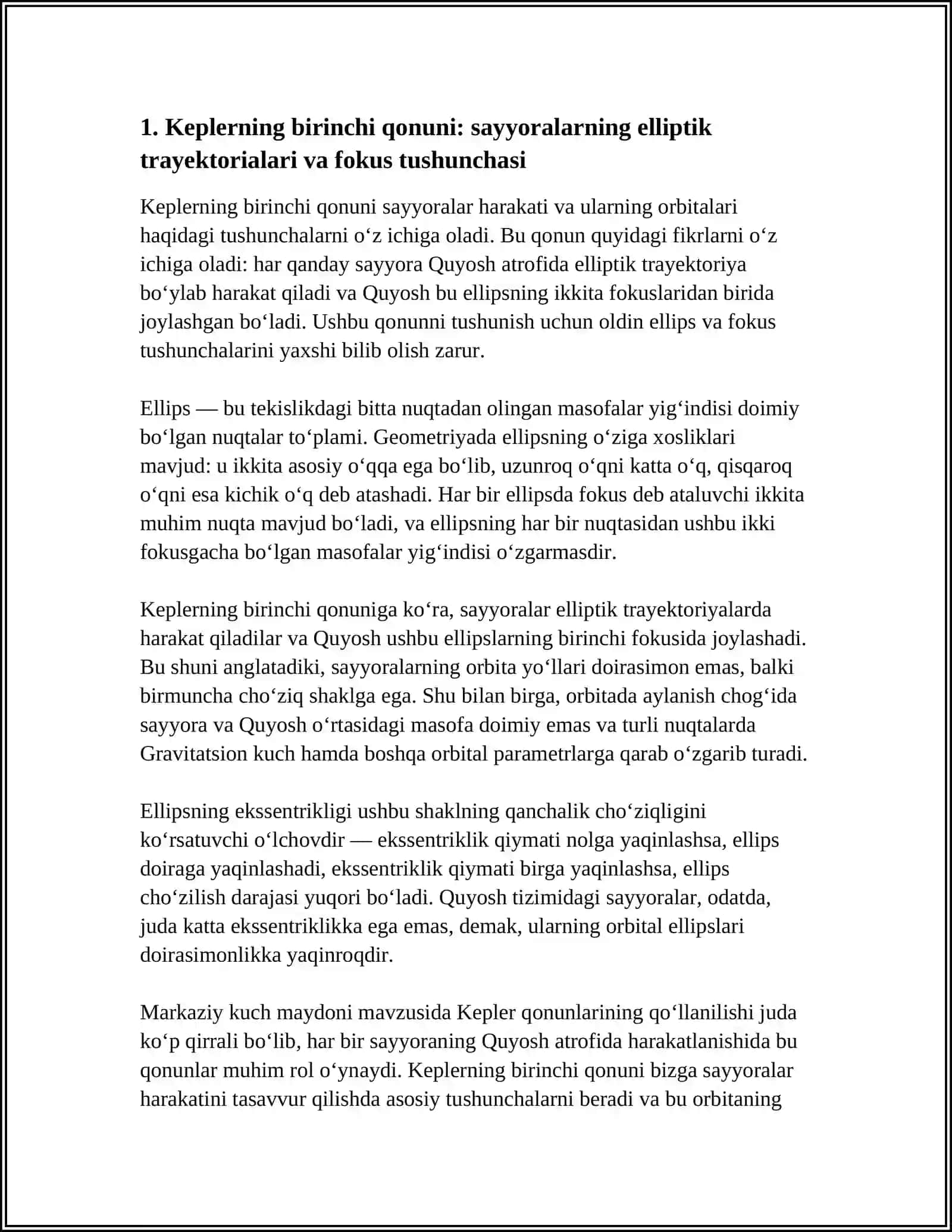 Keplerning birinchi qonuni: sayyoralarning elliptik trayektorialari va fokus tushunchasi 4