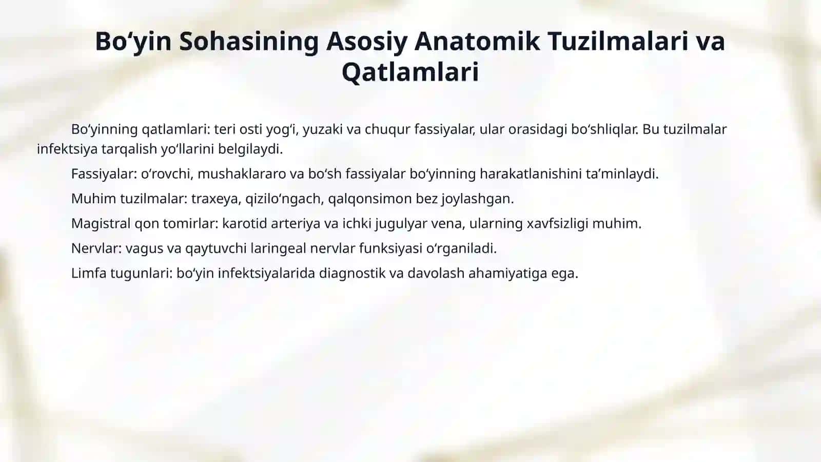 Boʻyin sohasining topografik anatomiyasi va operativ xirurgiyasi. Boʻyin sohasining flegmona va abseslari: joylashishi va operativ oʻchir hamda drenajlash usullari 4