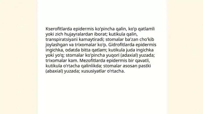 Turli yashash muhitidagi (kserofit, gidrofit, mezofit ) barglarning tuzilishini solishtirish 4