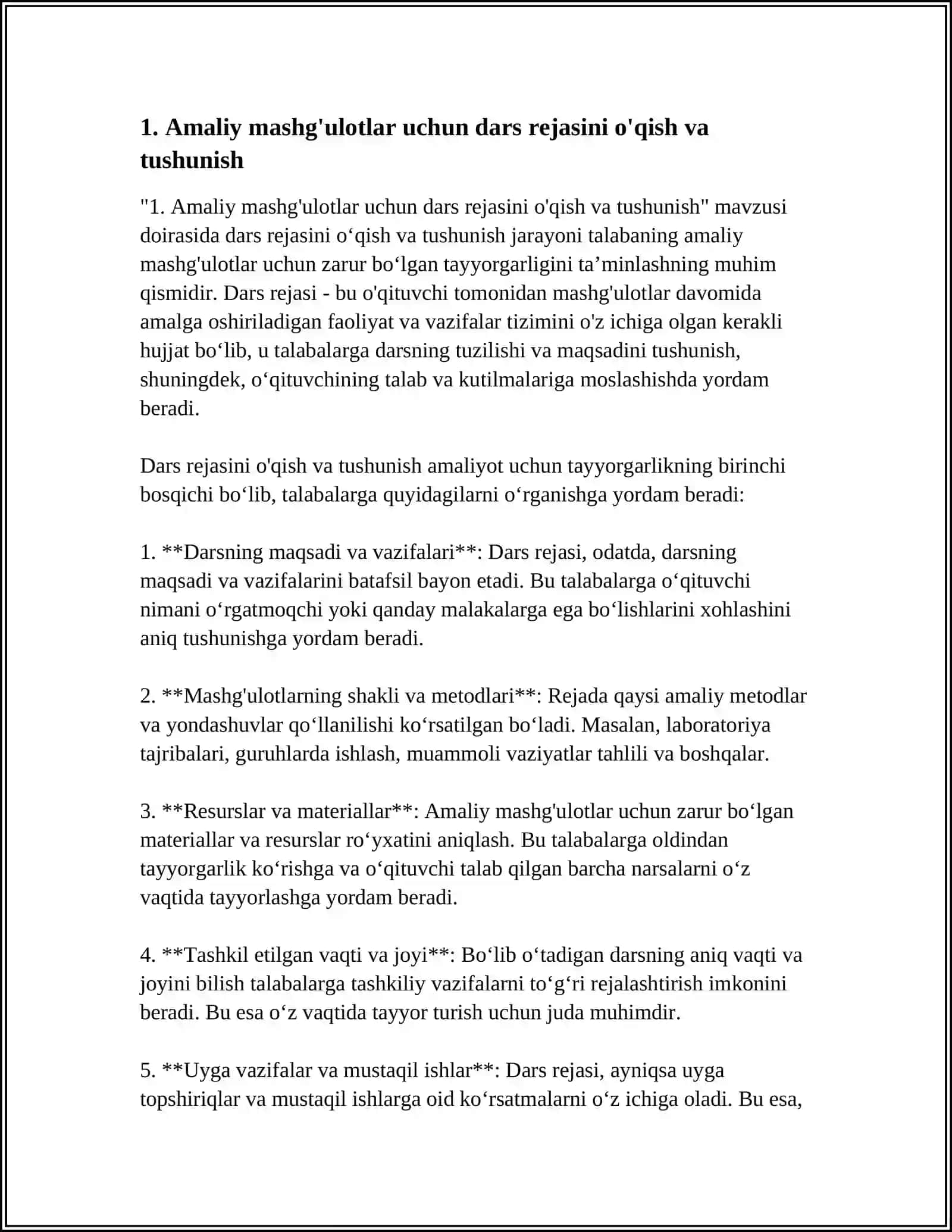 AMALIY MASHG'ULOTLARIGA TAYYORGARLIK KO'RISH VA UYGA VAZIFALARNI BAJARISH REFERAT 4