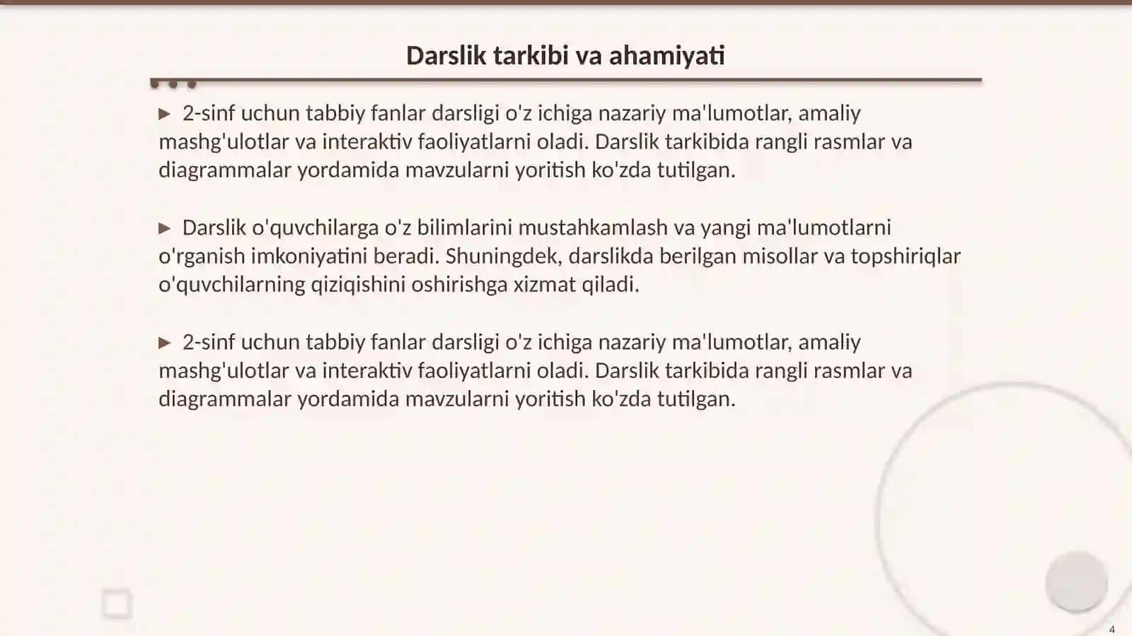 2- sinf Tabbiy fanlar dasturi va darsligini oʻrganish darsi 4