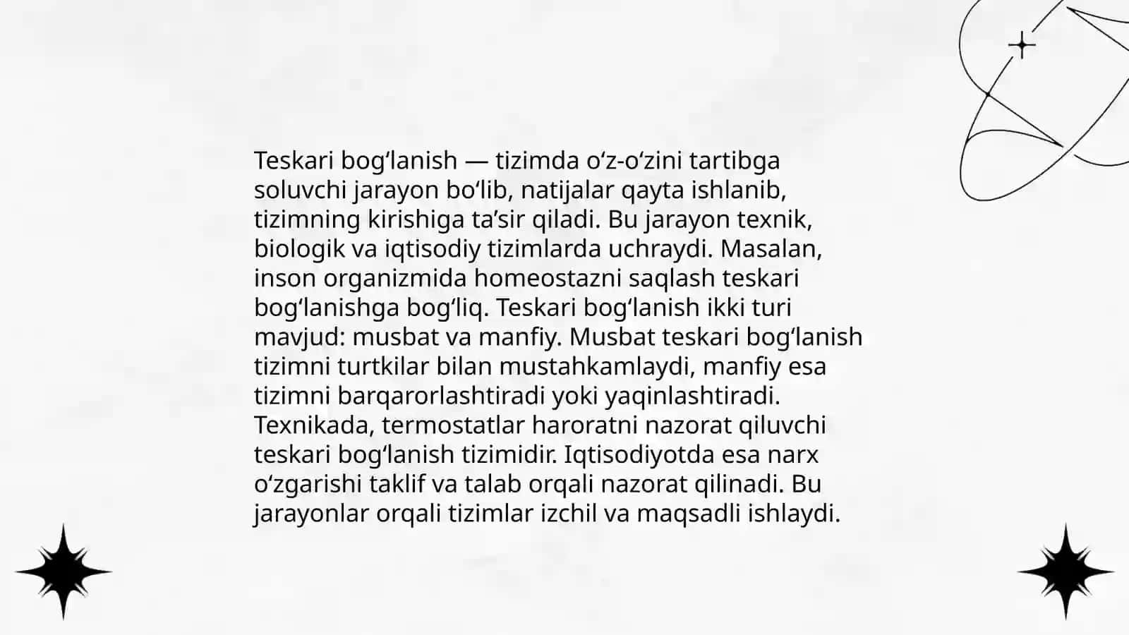 Teskari bogʻlanish ta'rifi.Teskari bogʻlanish turlarini klassifikatsiyasi.Kuchaytirgichlarda teskari bogʻlanish kiritishning asosiy turlari 4