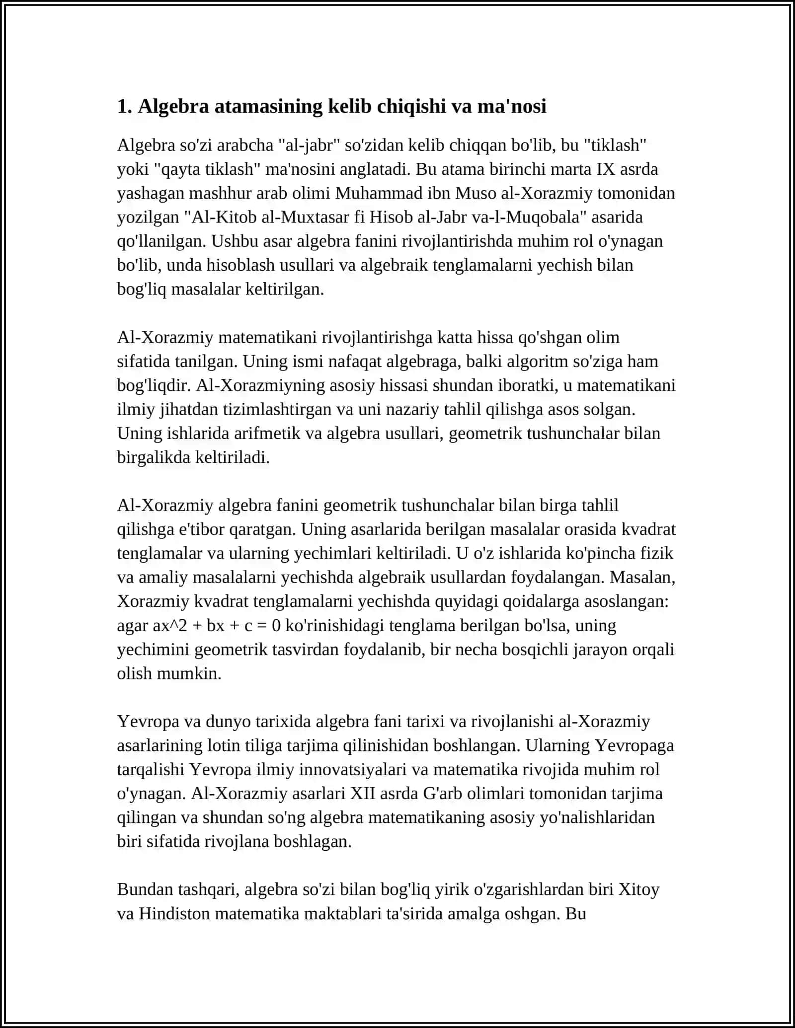 ALGEBRA ELEMENTLARI MAVZUSIDA TARIXIY MATERIALLARDAN FOYDALANISH. ALGEBRANING PAYDO BO'LISH TARIXINI OCHIB BERISH 4