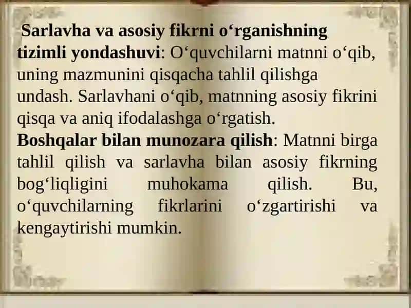 Asar sarlavhasi va asosiy fikr ustida ishlash. Sintaktik birliklar, so‘z birikmalari, gap ustida ishlash. Boshlang‘ich sinflarda matn asosida lug‘at ustida ishlash. 4
