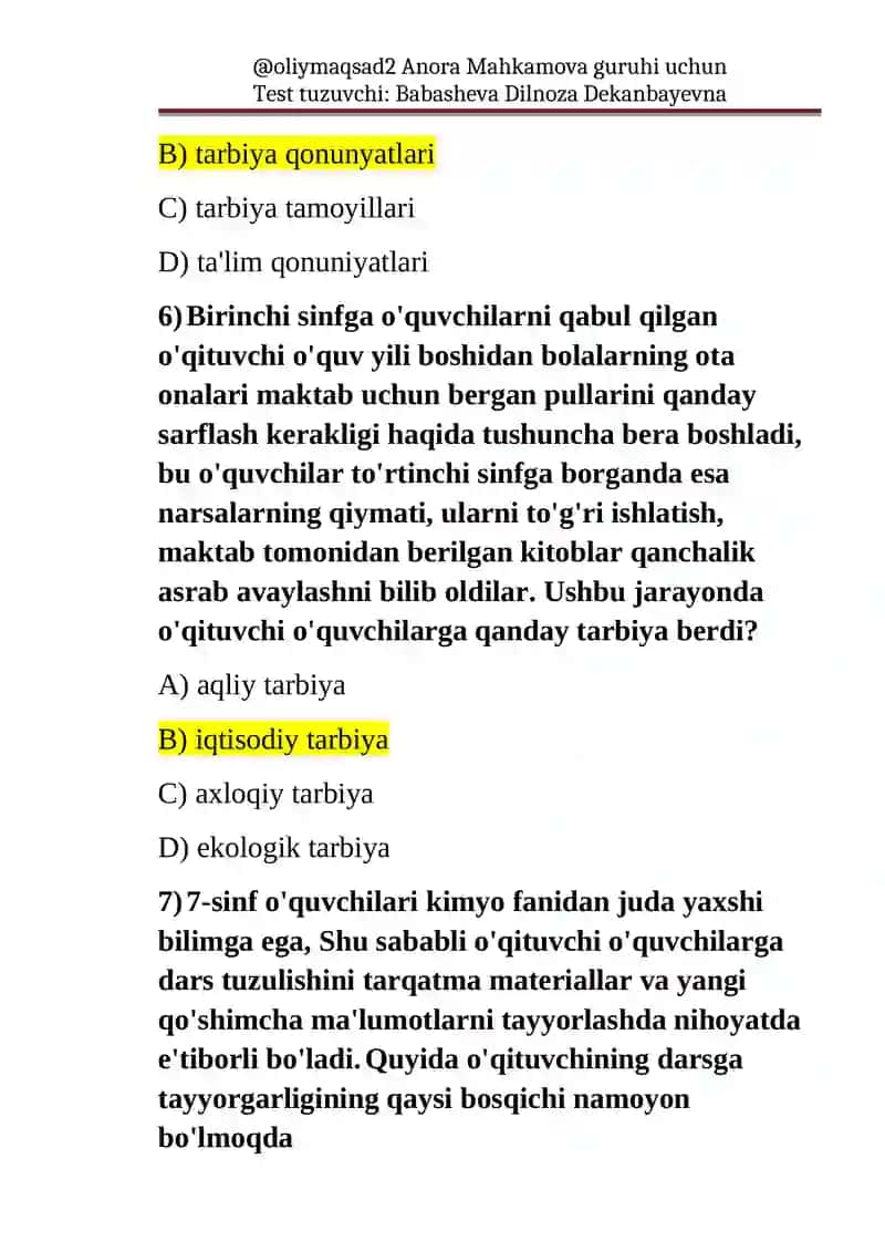 Test tuzuvchi Anora Mahkamova guruhi uchun 4